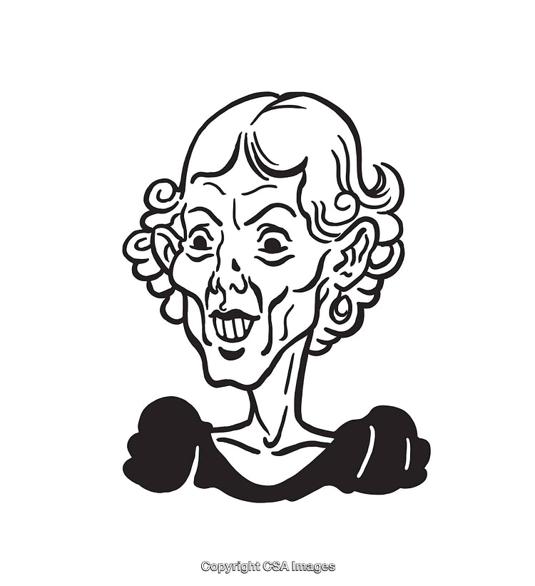 Black and White Illustrative Cartoon of an Elderly Character with Unique Expression