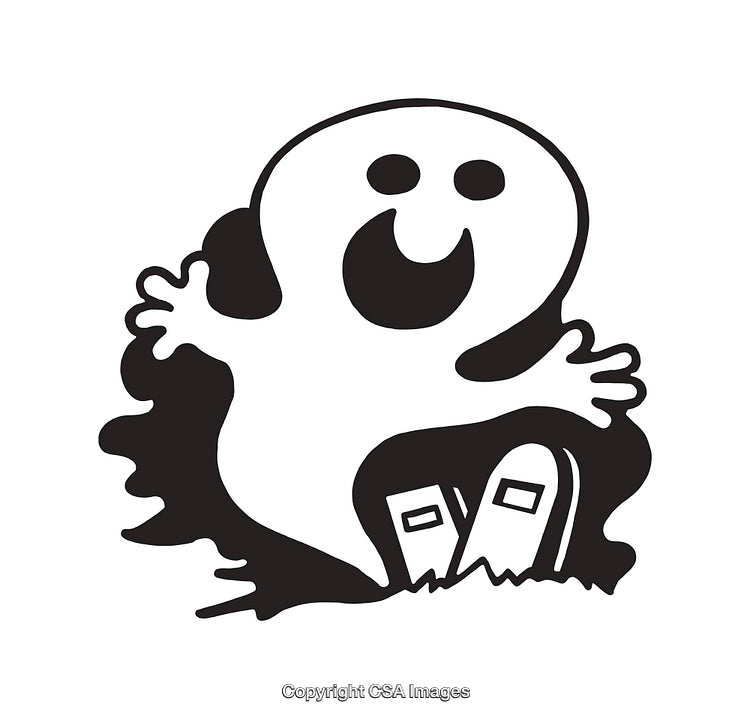Friendly Cartoon Ghost Illustration with Graveyard in Black and White Art