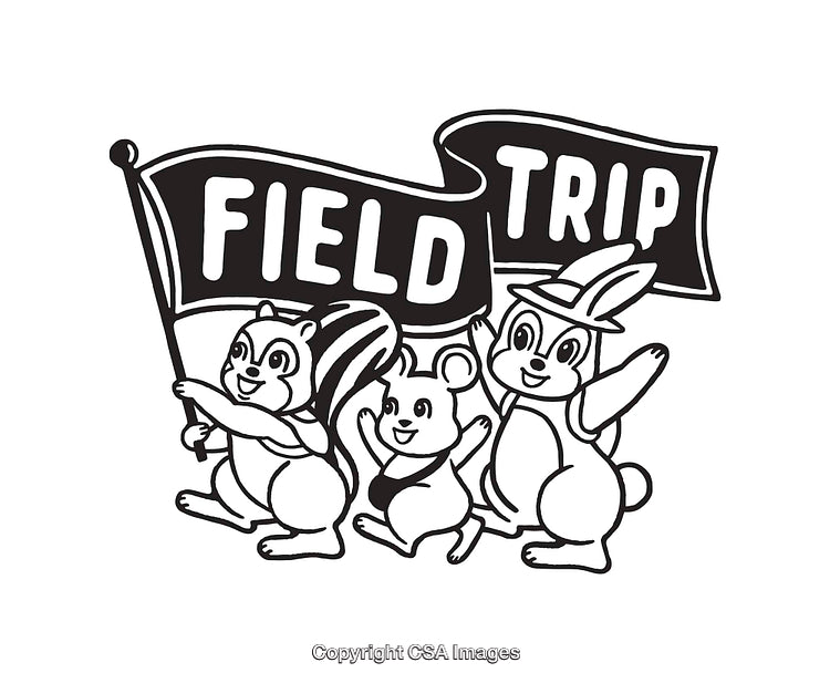 Cheerful Animals Carrying a Field Trip Banner in Black and White Line Art