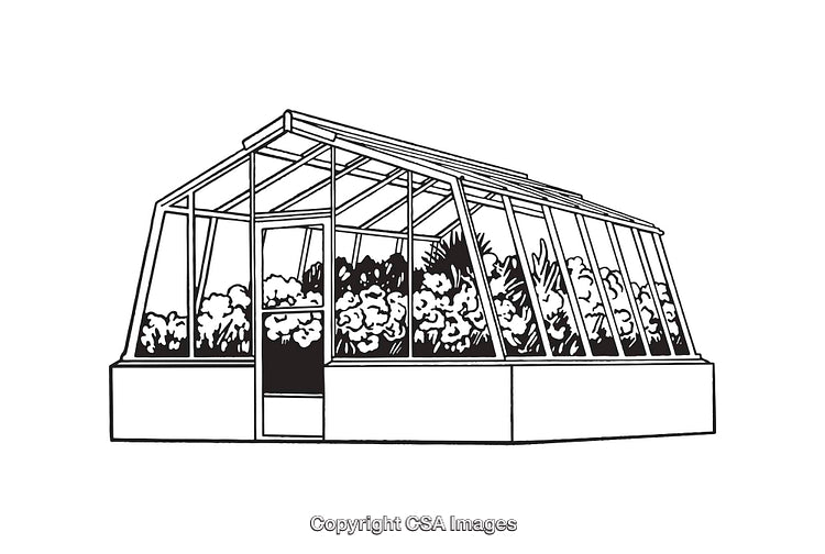 Black and White Line Art of a Greenhouse with Plants Inside