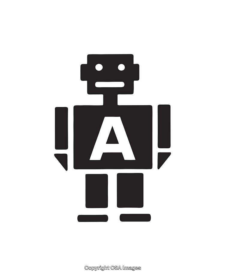 Minimalist Black and White Robot Illustration With Letter A Design