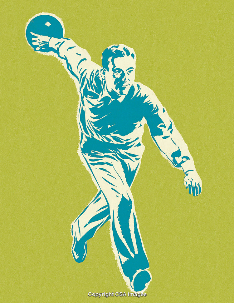 Stylized Retro Illustration of a Man Bowling with Dynamic Motion