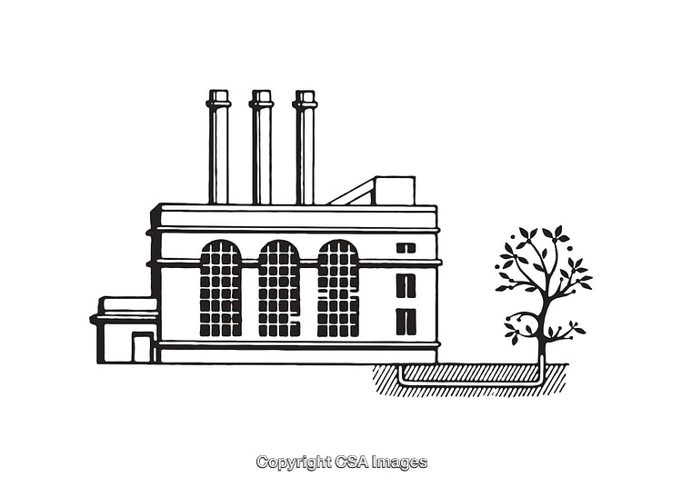 Illustration of a Factory Building with Chimneys and Adjacent Tree in Simple Style