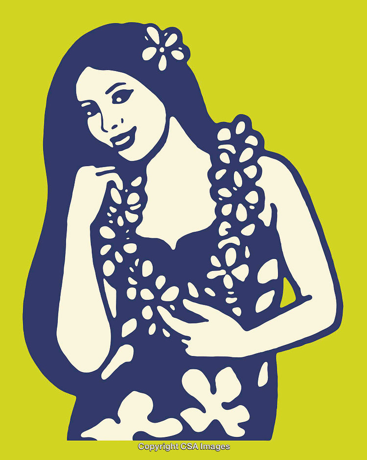 Stylized Retro Art of a Woman with Floral Accessories on Green