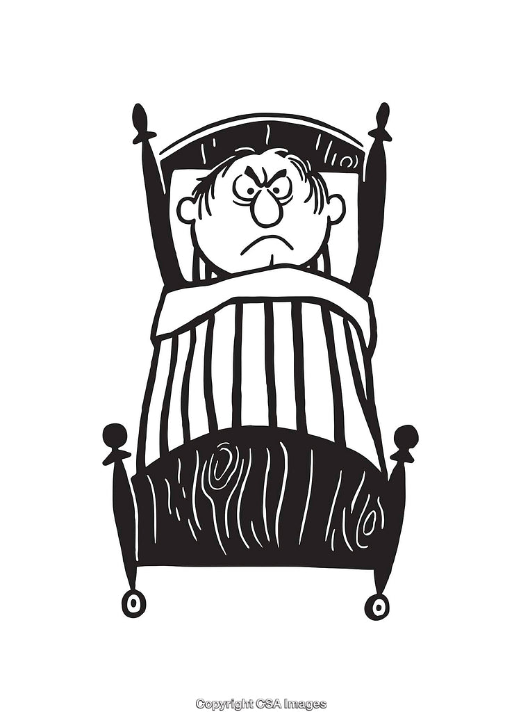 Angry Character Waking Up in Bed Black and White Line Art Illustration