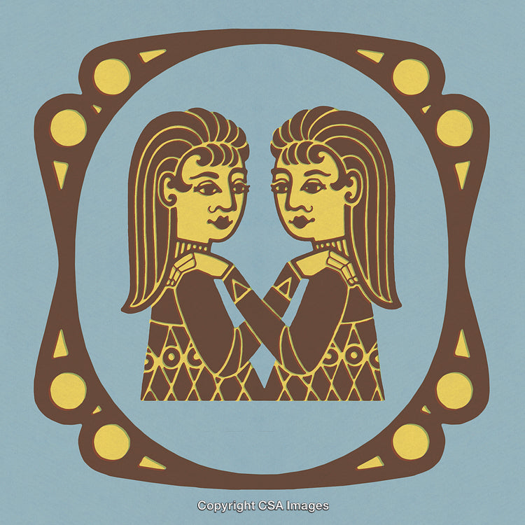 Artistic Geminis Zodiac Vector Depiction with Vintage-Style Decorative Elements