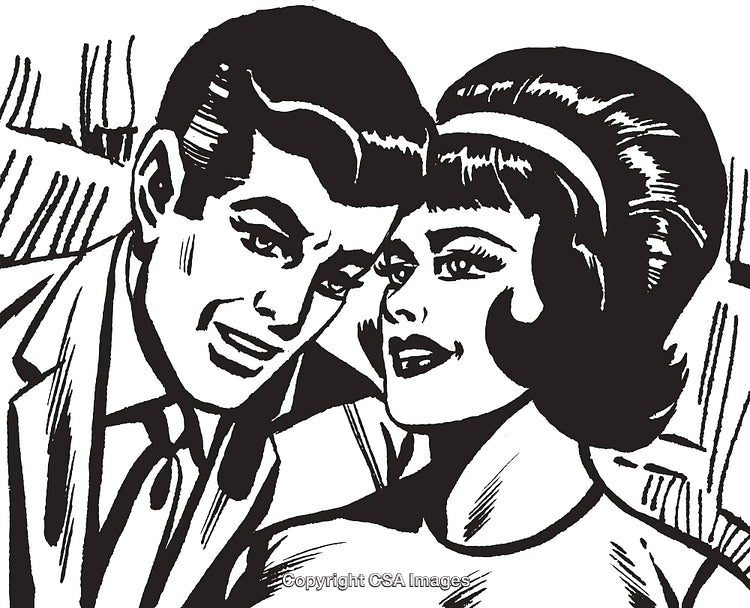 Illustrated Portrait of a Smiling Couple in Vintage Pop Art Style