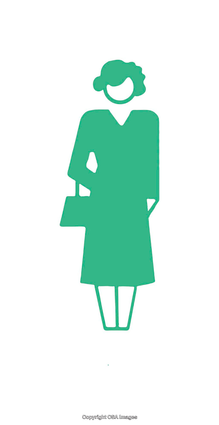 Simple Green Icon Depicting a Woman Standing with a Handbag