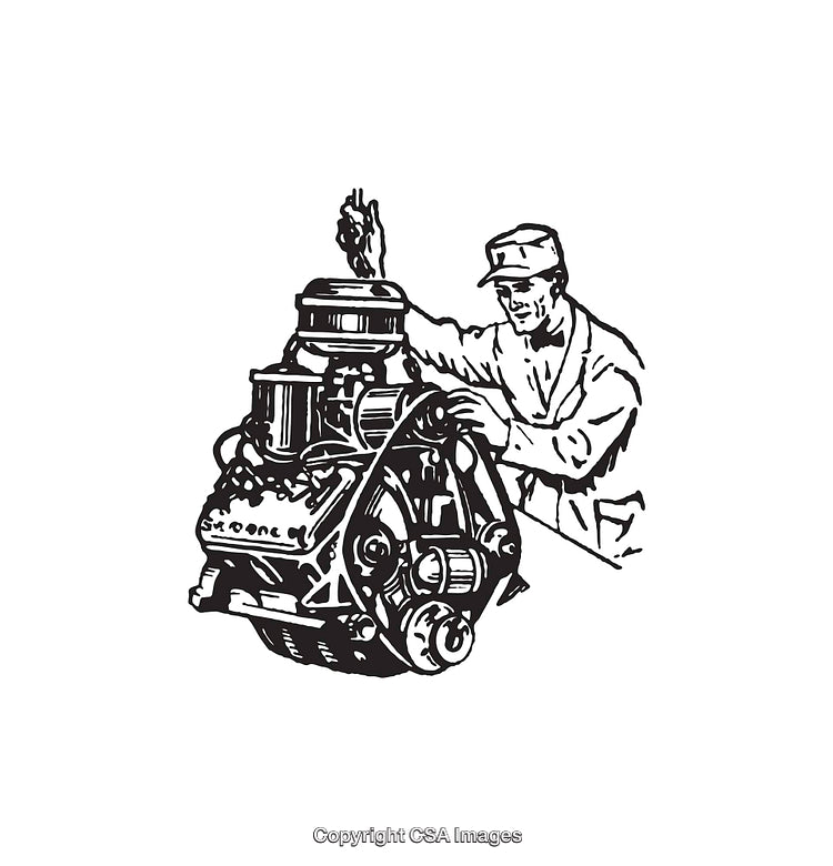 Vintage Line Art of Mechanic Working on Engine