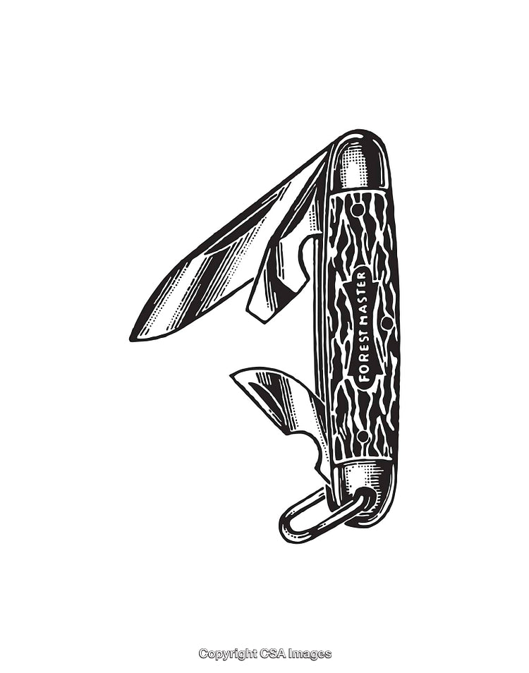 Black and White Line Art Illustration of a Multifunction Pocket Knife