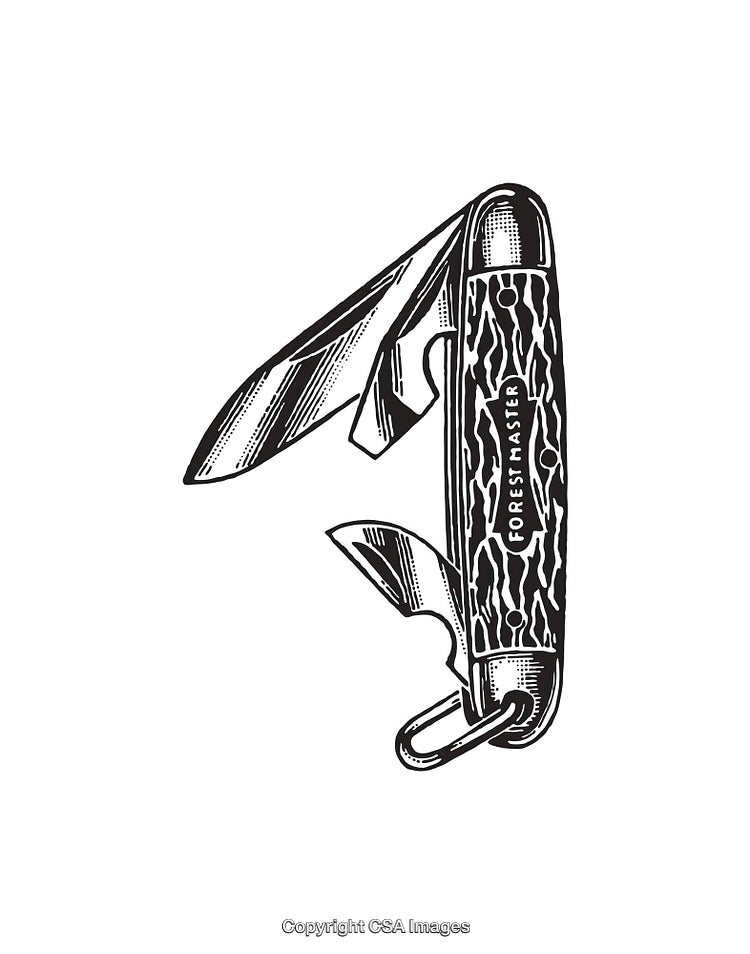 Black and White Line Art Illustration of a Multifunction Pocket Knife