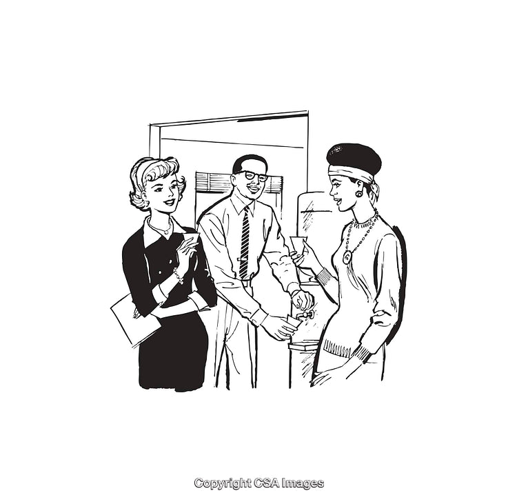 Retro Office Scene With Three Colleagues Socializing And Smiling Together