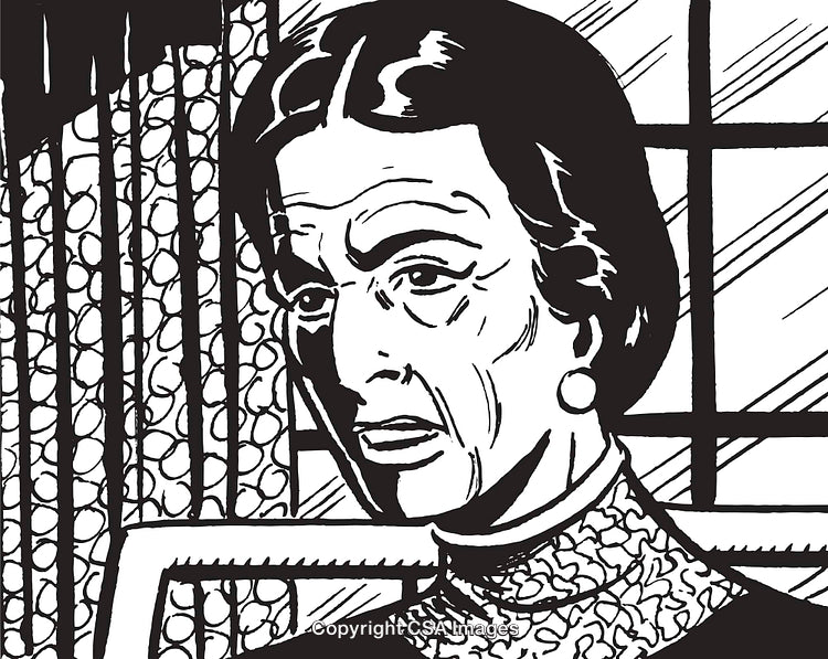 Black And White Sketch of an Elderly Woman with a Thoughtful Expression