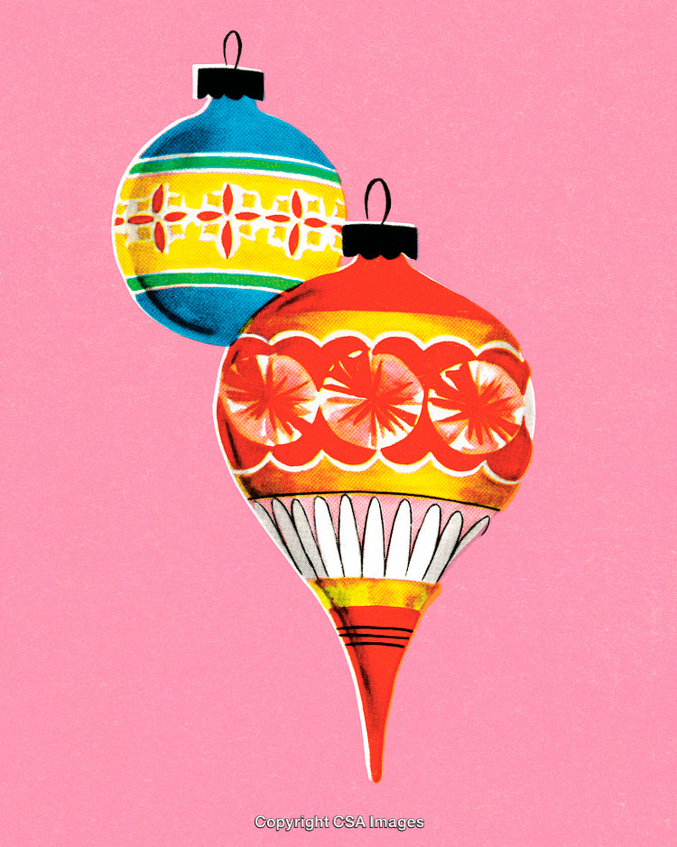 Colorful Vintage Christmas Ornaments Against a Soft Pink Background