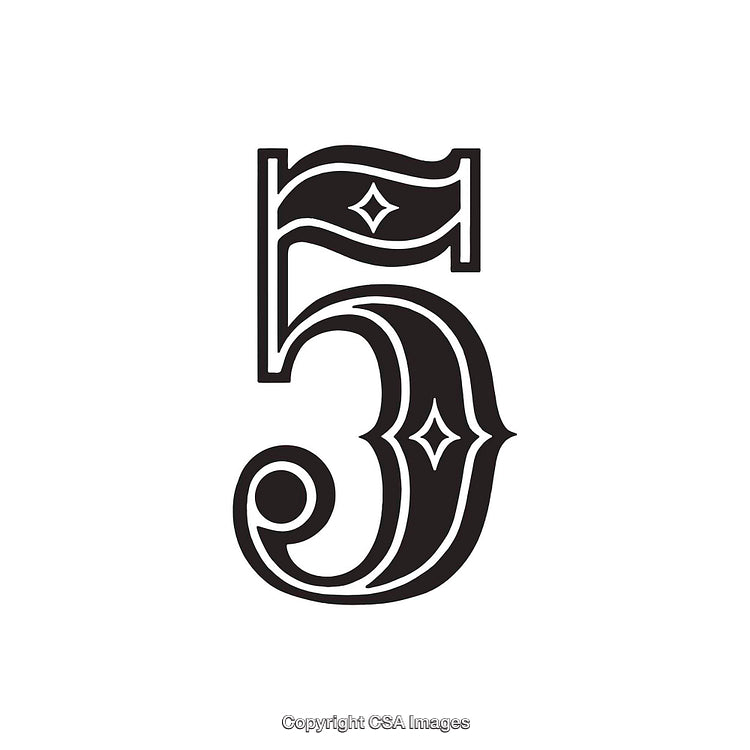 Elegant Black Ornate Number Five with Decorative Details on White Background