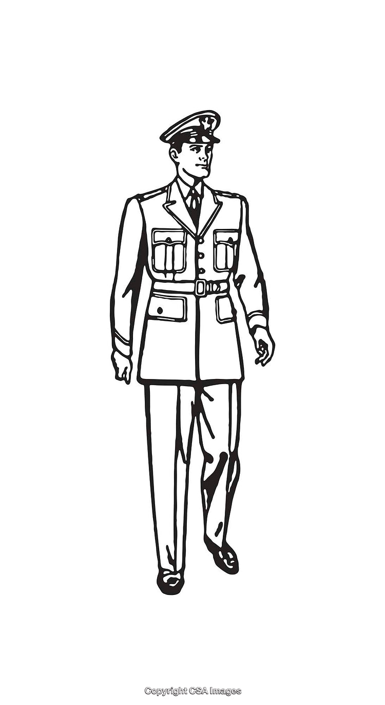 Black and White Line Art of Military Officer in Uniform Walking