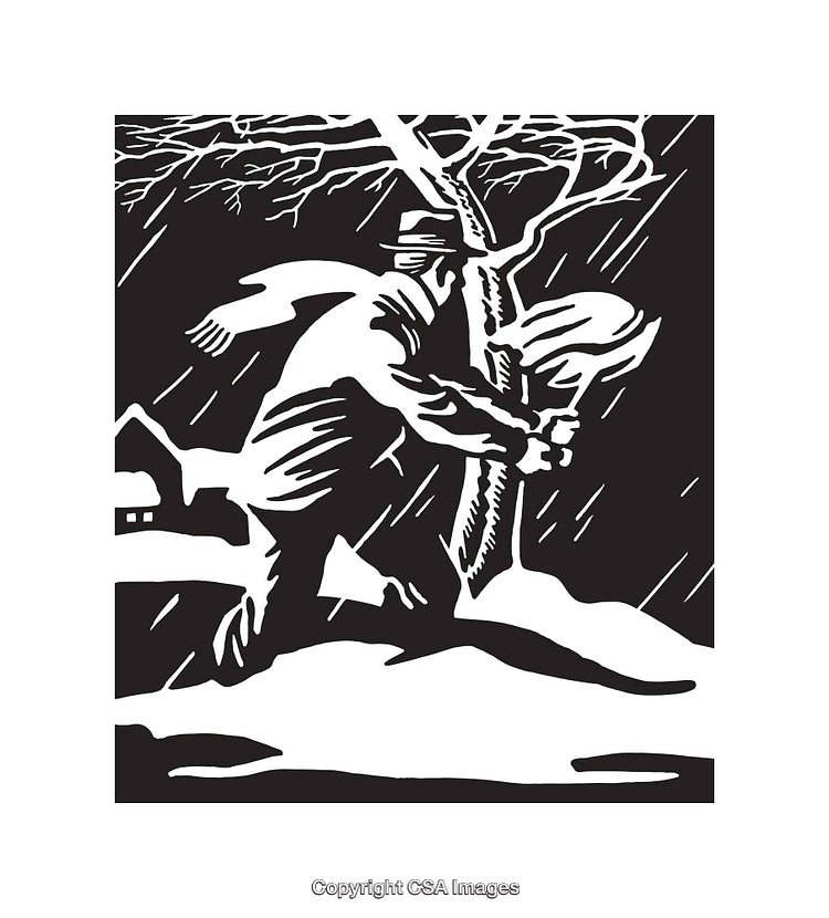 Black and White Line Art of a Man Running in Stormy Weather