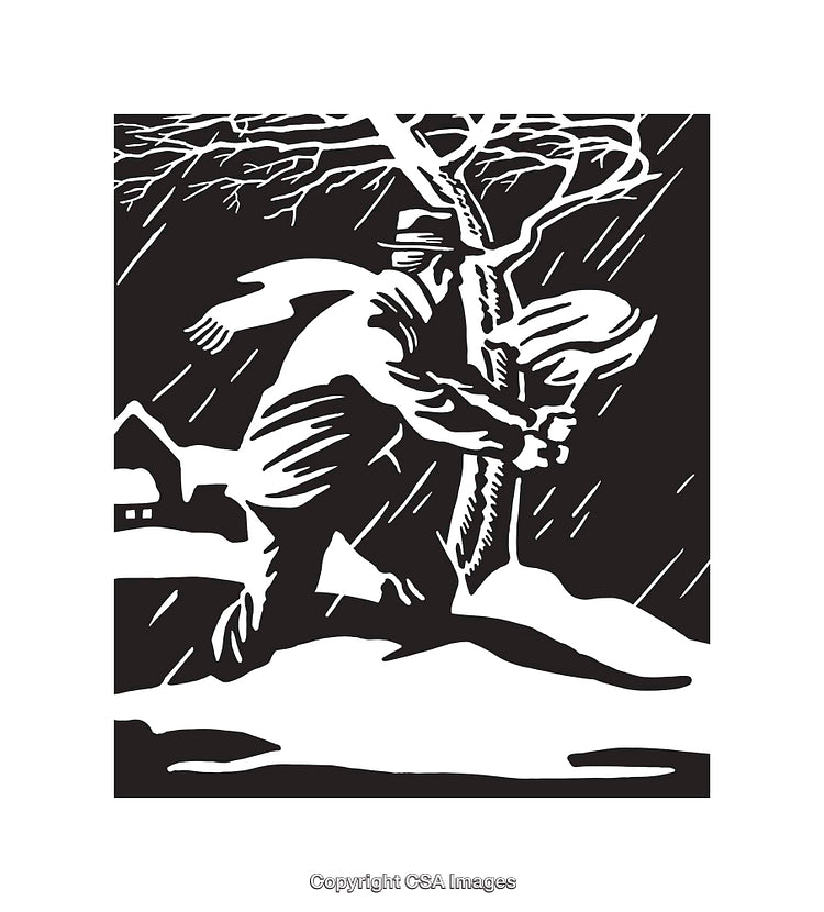 Black and White Line Art of a Man Running in Stormy Weather