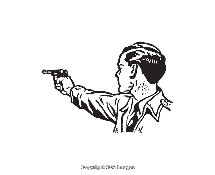 Vintage Black and White Illustration of a Man Aiming a Gun