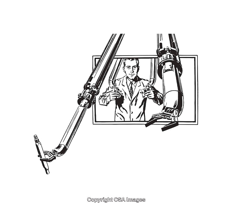 Monochrome Illustration of a Man Using Robotic Arms for Precision Work