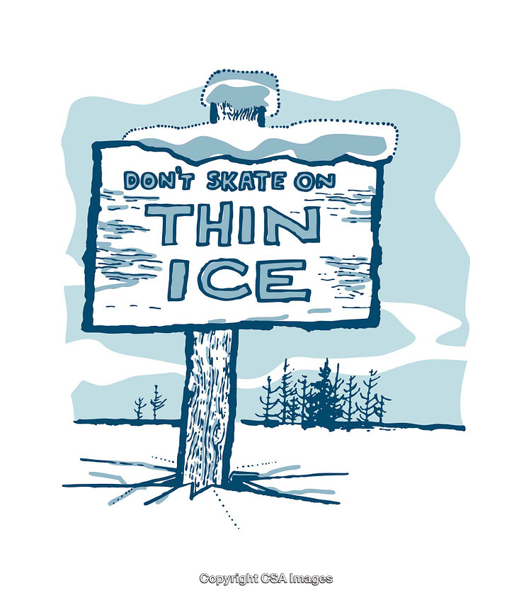 Illustrated Sign Warning Against Skating on Thin Ice in Winter Scene