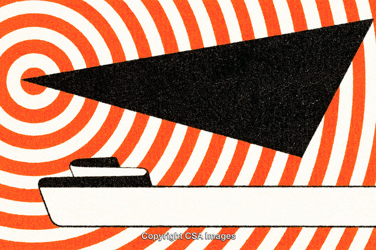 Abstract Geometric Design with Vibrant Red Spirals and Boat Silhouette