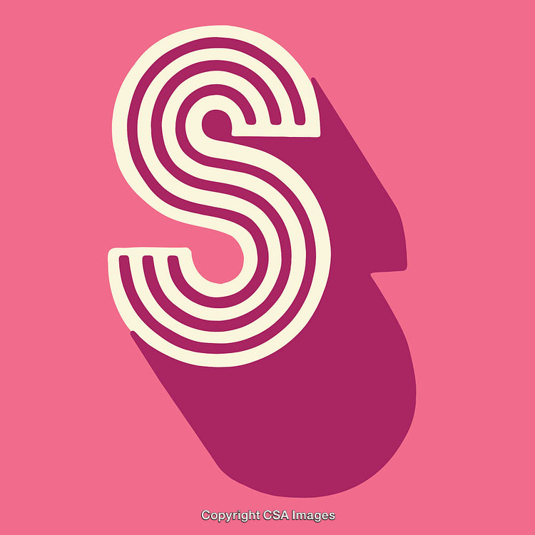 Colorful Retro Letter 'S' with Bold Line Patterns on Pink Background