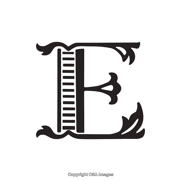 Elegant Letter E Design With Decorative Floral and Ruler Elements