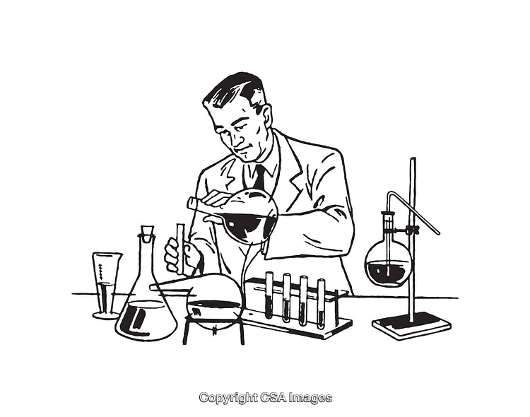 Black and White Illustration of a Scientist in a Laboratory