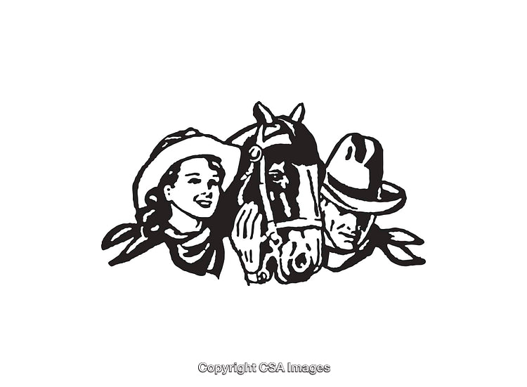 Black and White Line Art Of Cowgirl, Cowboy, And Horse