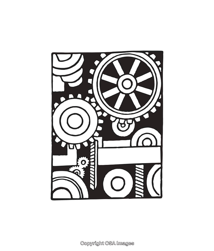 Black and White Line Art Illustration of Mechanical Gears and Wheels