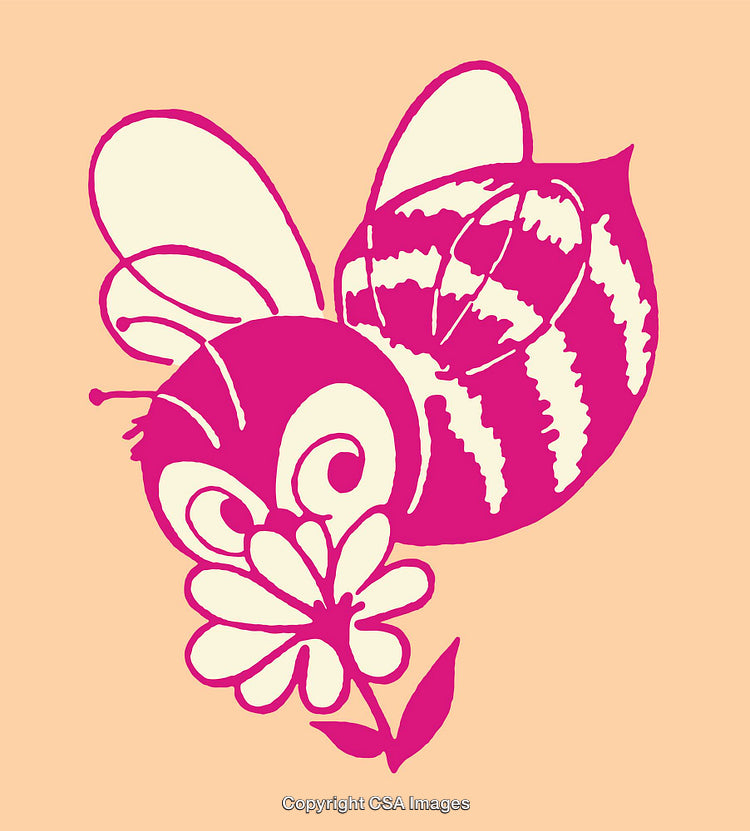 Playful Pink Bee With a Flower on Beige Background