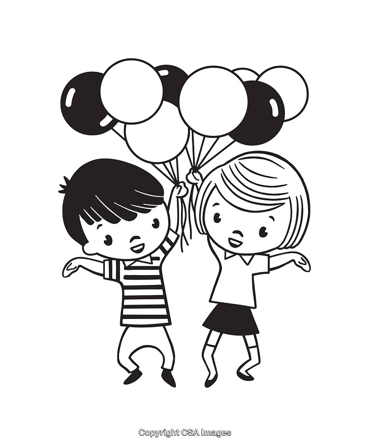 Black and White Line Art of Children Holding Balloons