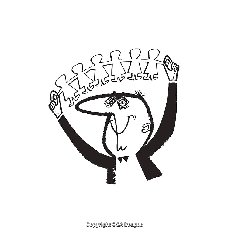 Black and White Line Art Illustration of Man Holding Paper Doll Cutouts