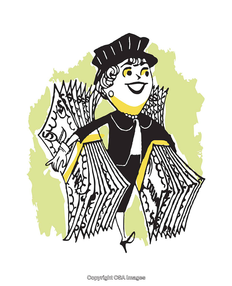 Retro Style Illustration of a Joyful Woman with Money Wings