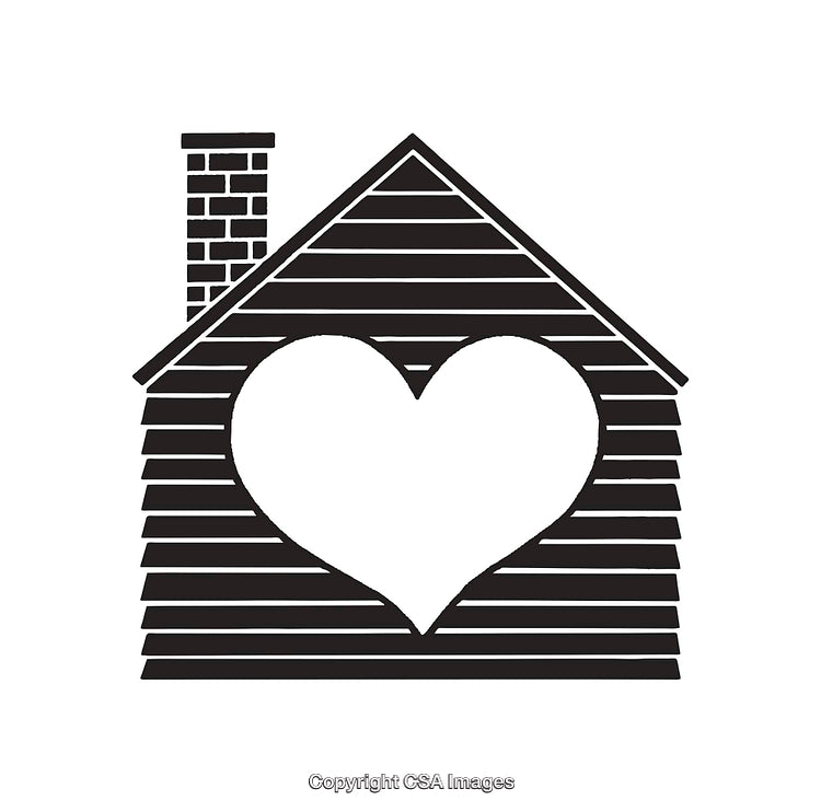Black And White Illustration of a House with Heart Symbol Inside