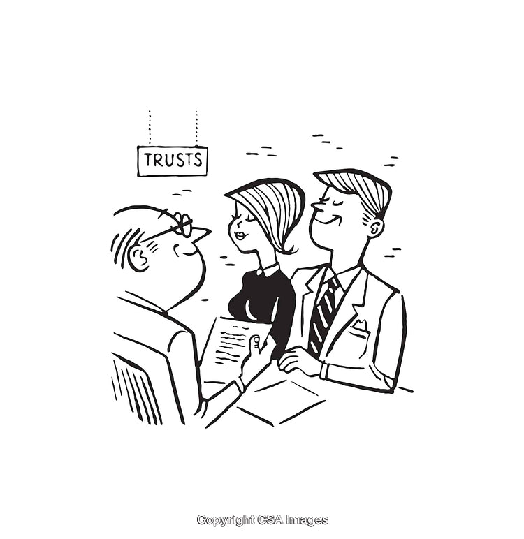 Black and White Cartoon of People Discussing a Trust Document