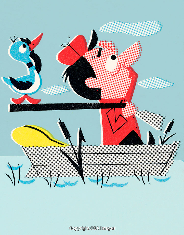 Cartoon Hunter and Duck in a Rowboat on a Calm Lake