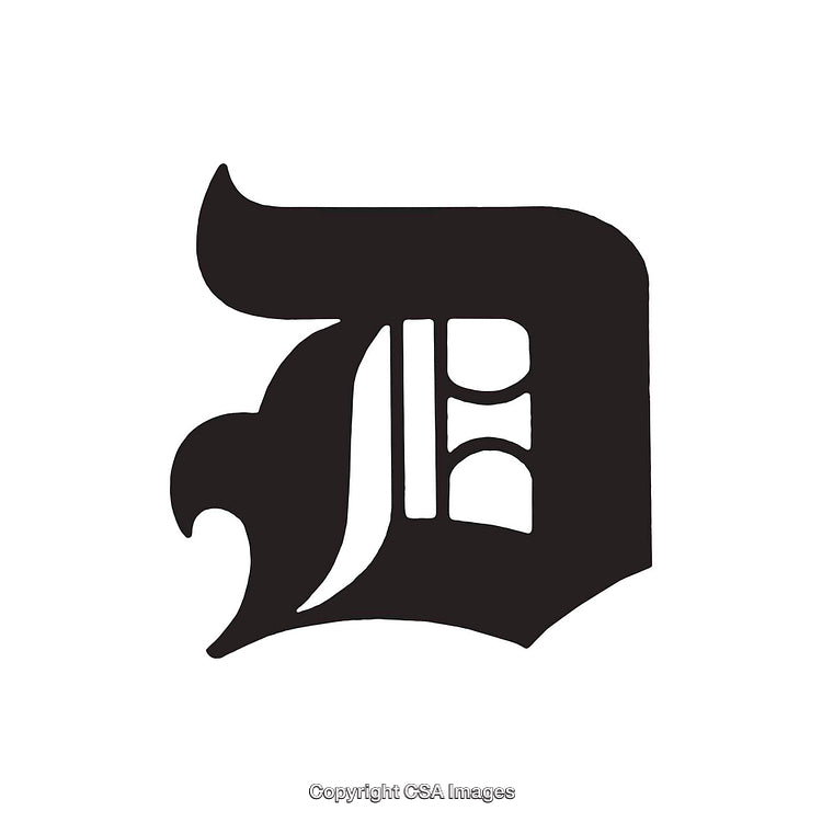 Ornate Black Letter D in Gothic Typographic Style on White Background