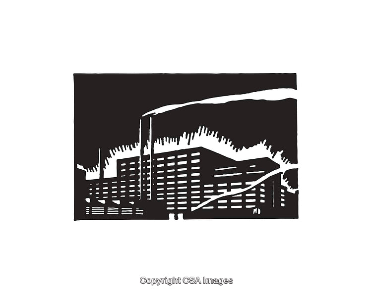 Black and White Line Art of an Industrial Building with Smokestacks