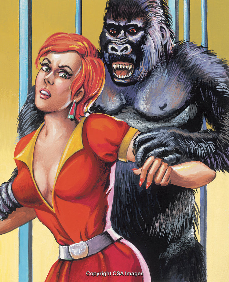 Woman in Red with Gorilla in Bright Illustrative Scene