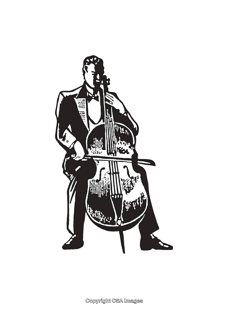 Black and White Illustration of a Cellist Playing a Cello