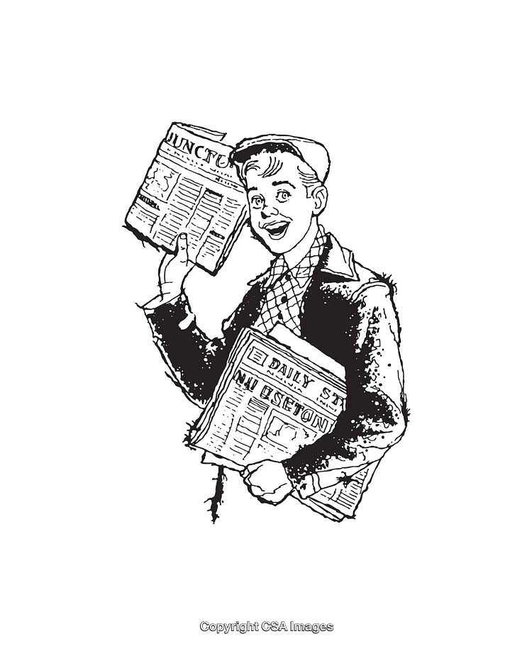 Retro Illustration of a Newspaper Boy Holding Newspapers in Excitement