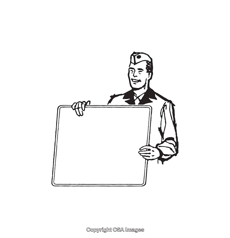 Vintage Line Art Illustration of Uniformed Man Holding Blank Sign