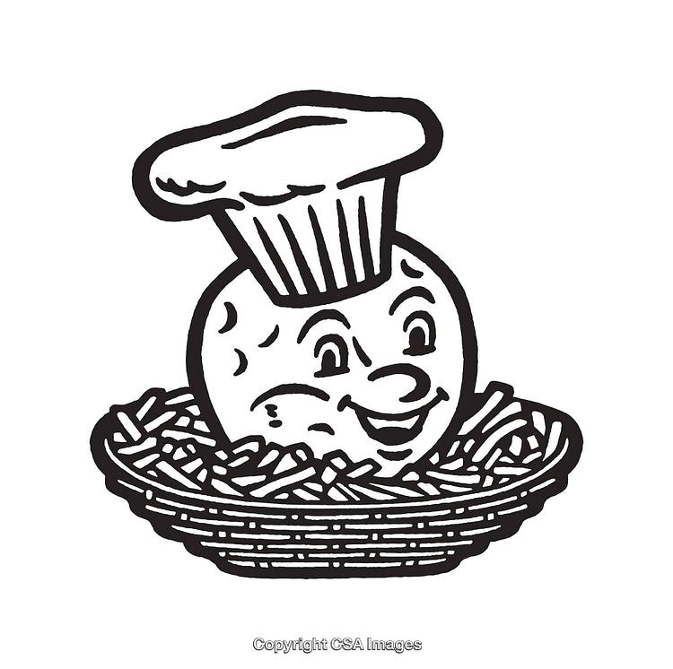 Whimsical Chef Illustration Featuring Food and Basket in Black and White Art