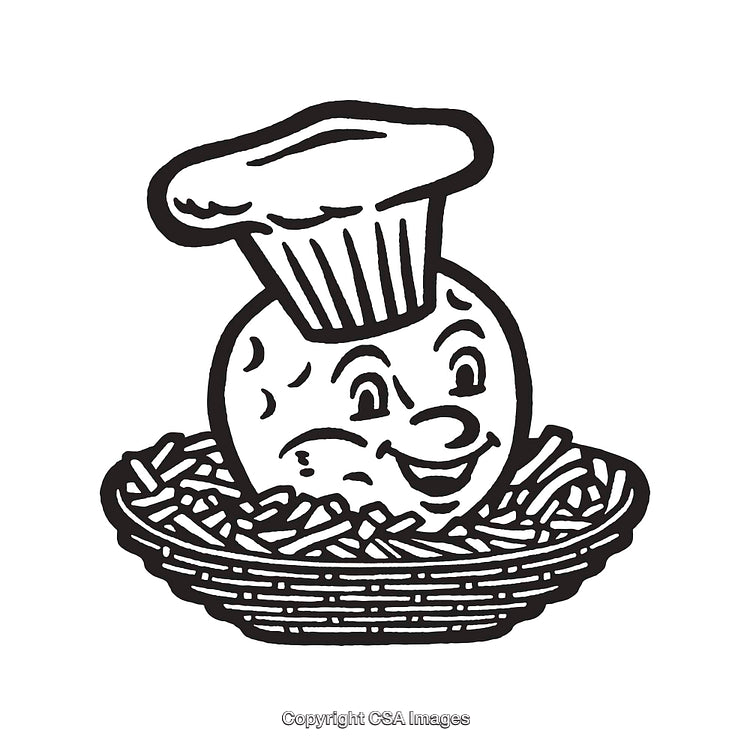 Whimsical Chef Illustration Featuring Food and Basket in Black and White Art