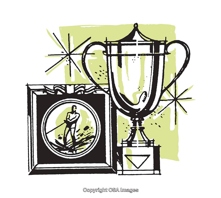 Stylized Illustration of a Trophy and Framed Athlete Portrait