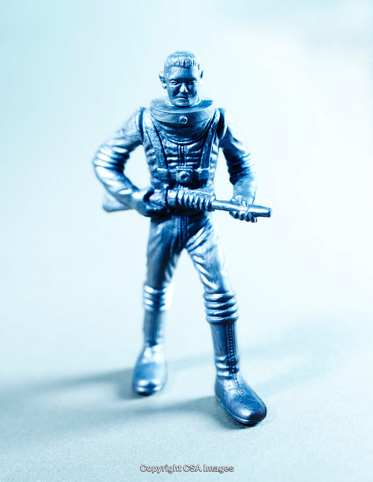 Blue Sci-Fi Figure Holding Weapon Displayed on Light Background