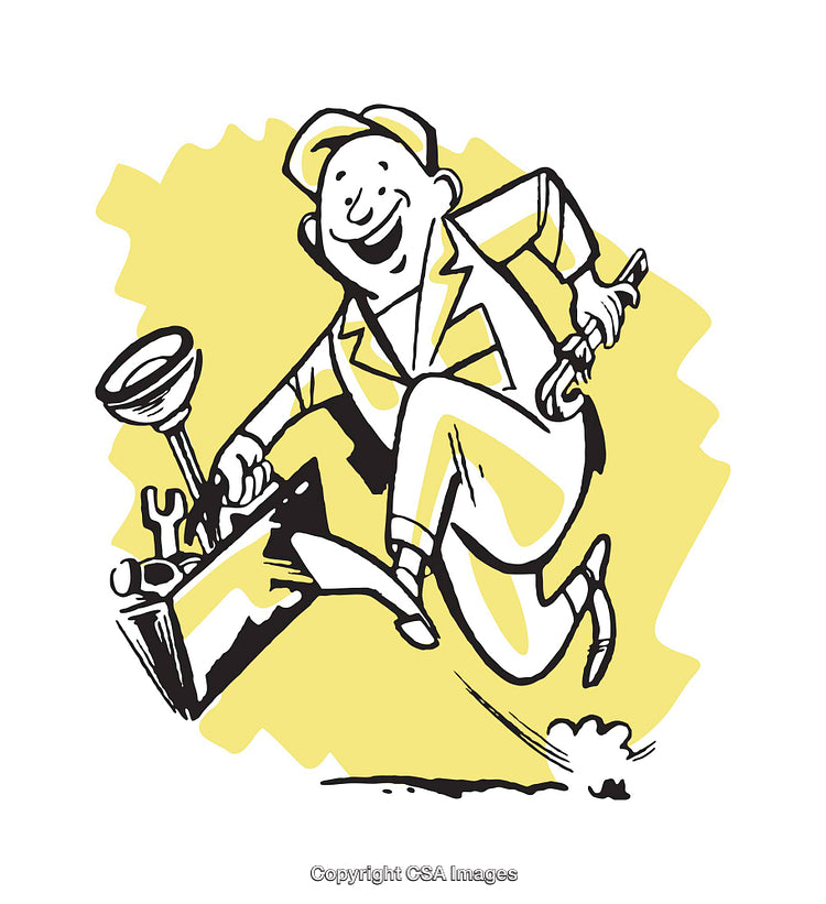 Energetic Cartoon Plumber Carrying Tools in a Colorful Illustration