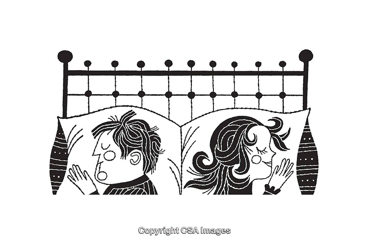 Black and White Illustration of a Couple Sleeping Peacefully in Their Bed